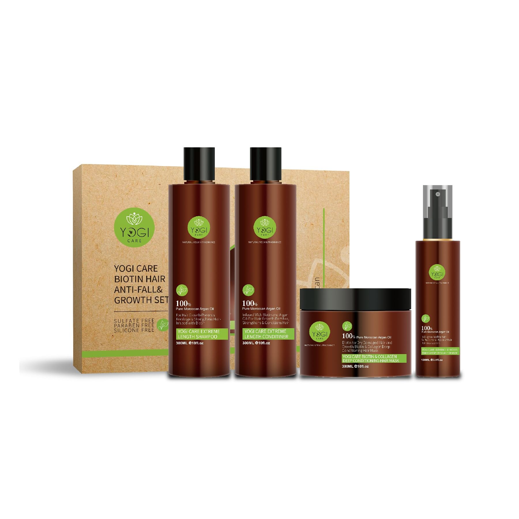 Yogi Care Biotin Hair Growth & Anti-Hair Fall Set – Shampoo, Conditioner, Hair Mask & Scalp Serum – Sulfate & Paraben Free