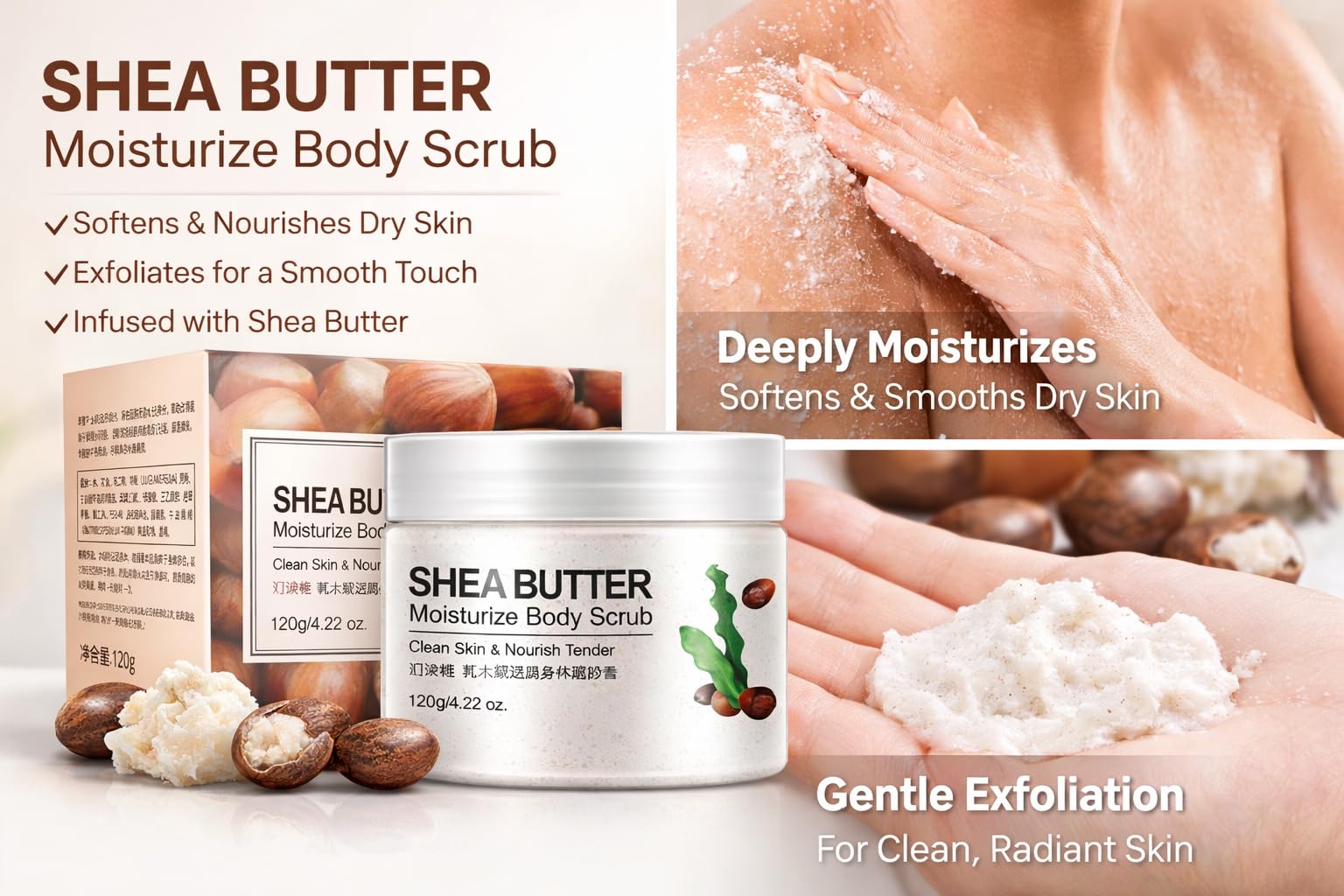 Shea Butter Moisturize Body Scrub, Exfoliating and Hydrating, 120g/4.22 oz, All Skin Types 2 Shea Butter Moisturize Body Scrub, Exfoliating and Hydrating, 120g/4.22 oz, All Skin Types